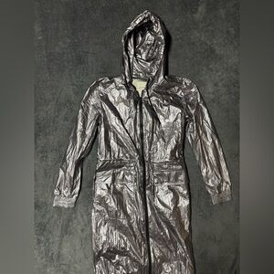 Avec Les Filles Metallic Silver Hooded Longline Rain Coat Trench Pockets Size S